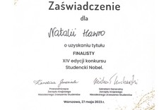 Studencki Nobel 2023 - Dyplom dla finalistki Natalii Hawro,