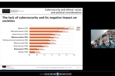 Wystąpienie prof.  Karstena Webera. Zrzut ekranu ze slajdem prezentacji i miniaturą prezentującego. 