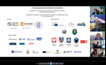 Otwarcie konferencji. Zrzut ekranu ze slajdem tytułowym i wizytówkami uczestników.