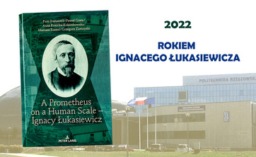 Okładka książki o I. Łukasiewiczu. W tle budynek V PRz, graf. I. Oleniuch