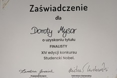 Studencki Nobel 2023 - Dyplom dla finalistki Doroty Mysor,